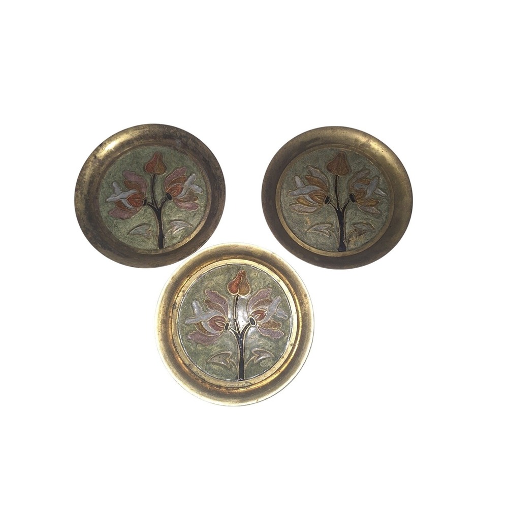Vintage 3 PC Set Of Brass Inlaid Coasters Trinket Holders Earring/Ring Dish‎